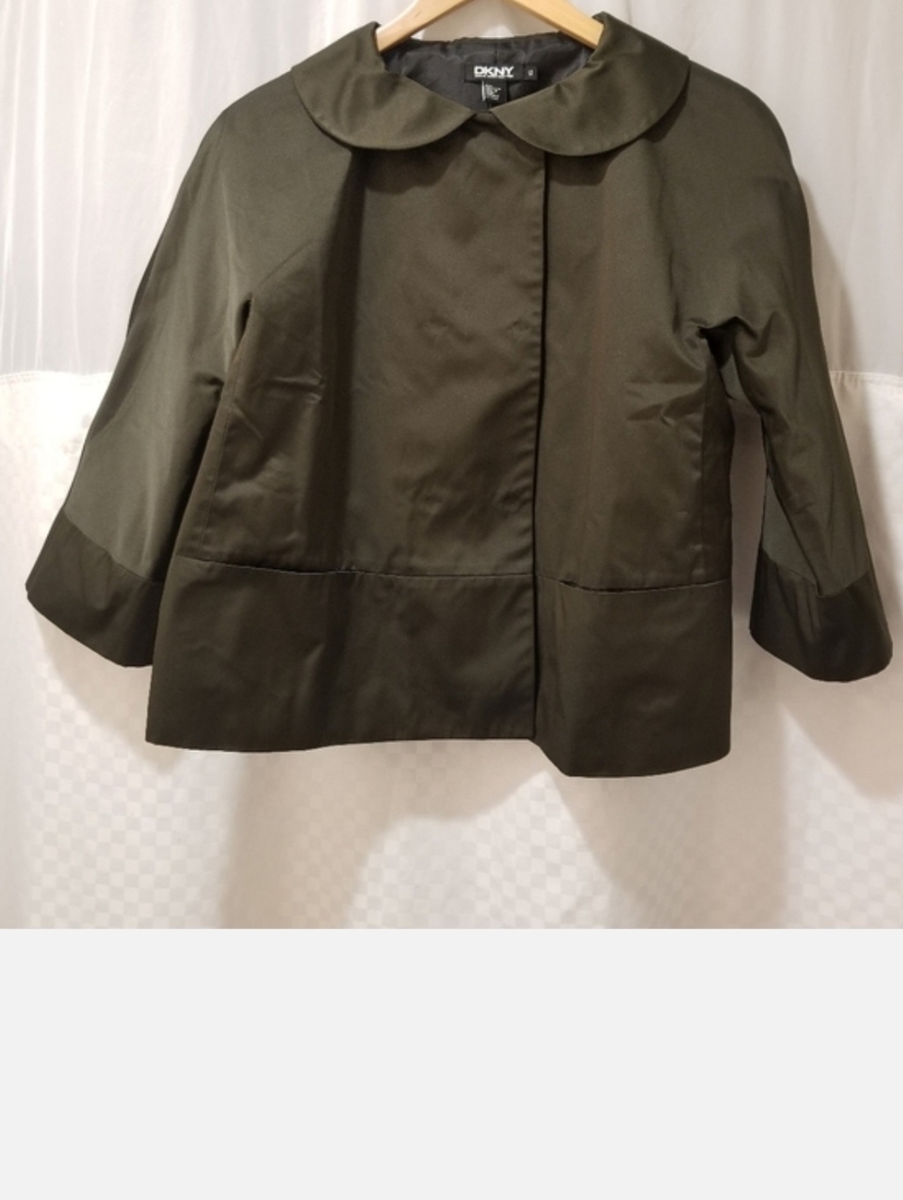 DKNY Satin Cropped Jacket with Peter Pan-Collar, 12, Army Green, NWT